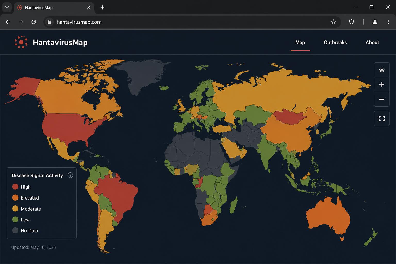 HantavirusMap on desktop with sidebar of recent hantavirus signals
